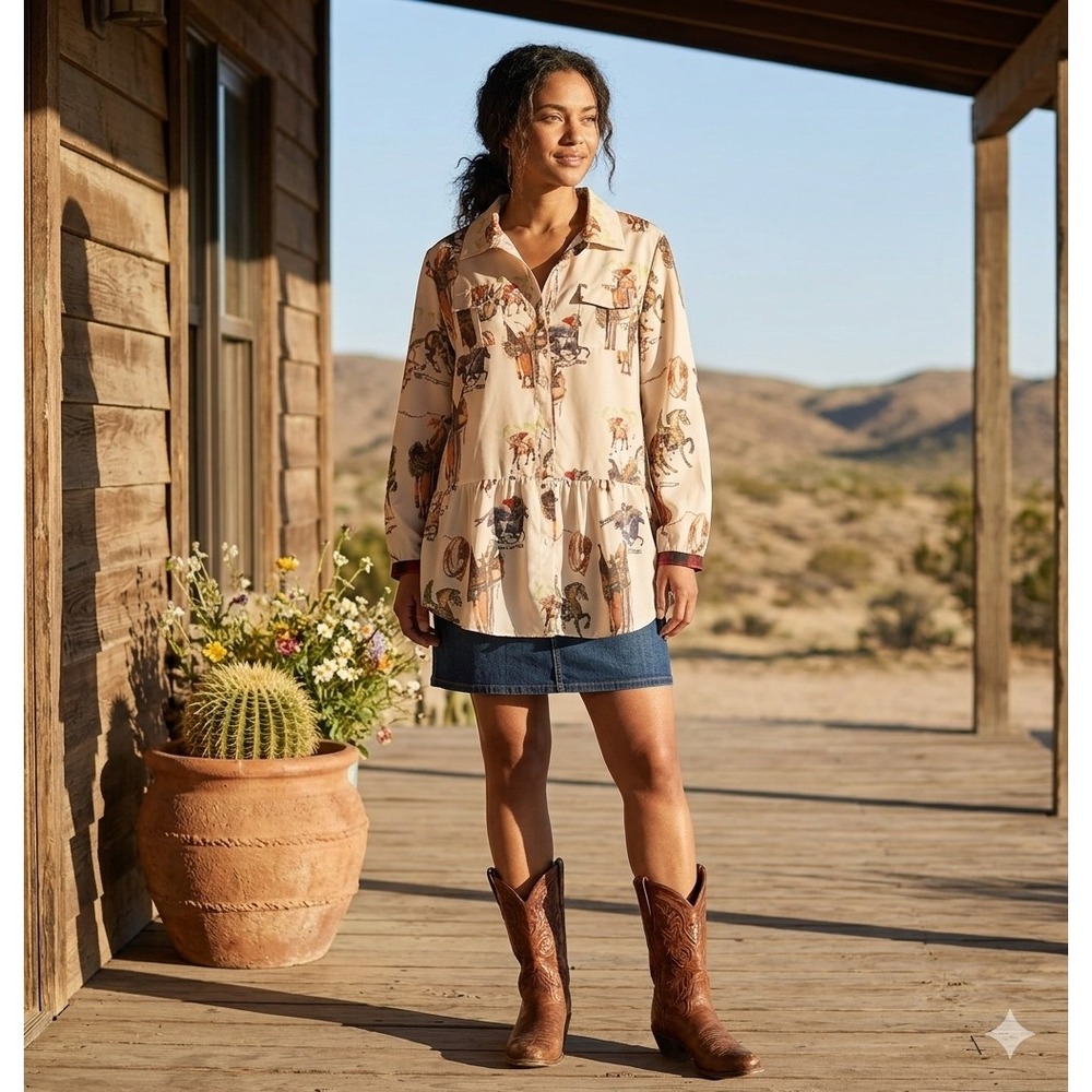 Mislook Western Horse Print Peplum Blouse Size L‎ Boho Cowgirl Core Button Down